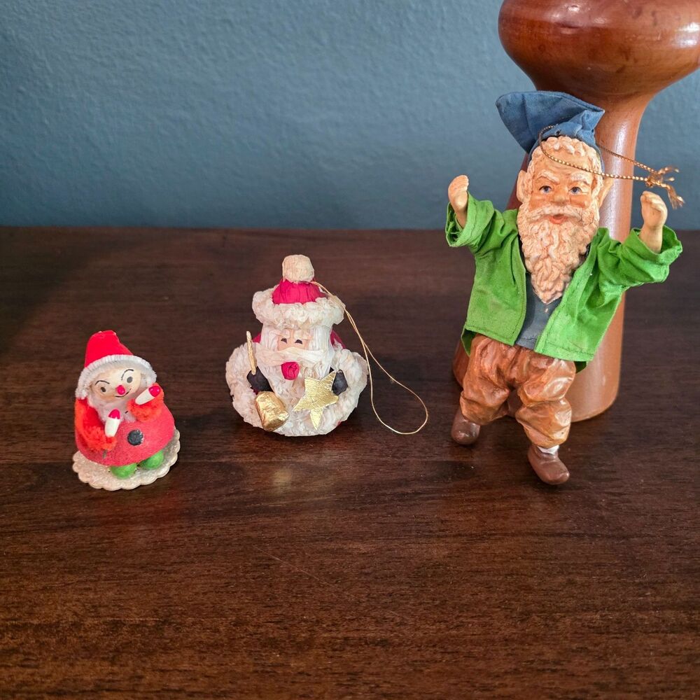 Vtg Tawian Japan Putz Pixie Santa Elf Knome Clothtique Kitsch Ornaments 3 Piece